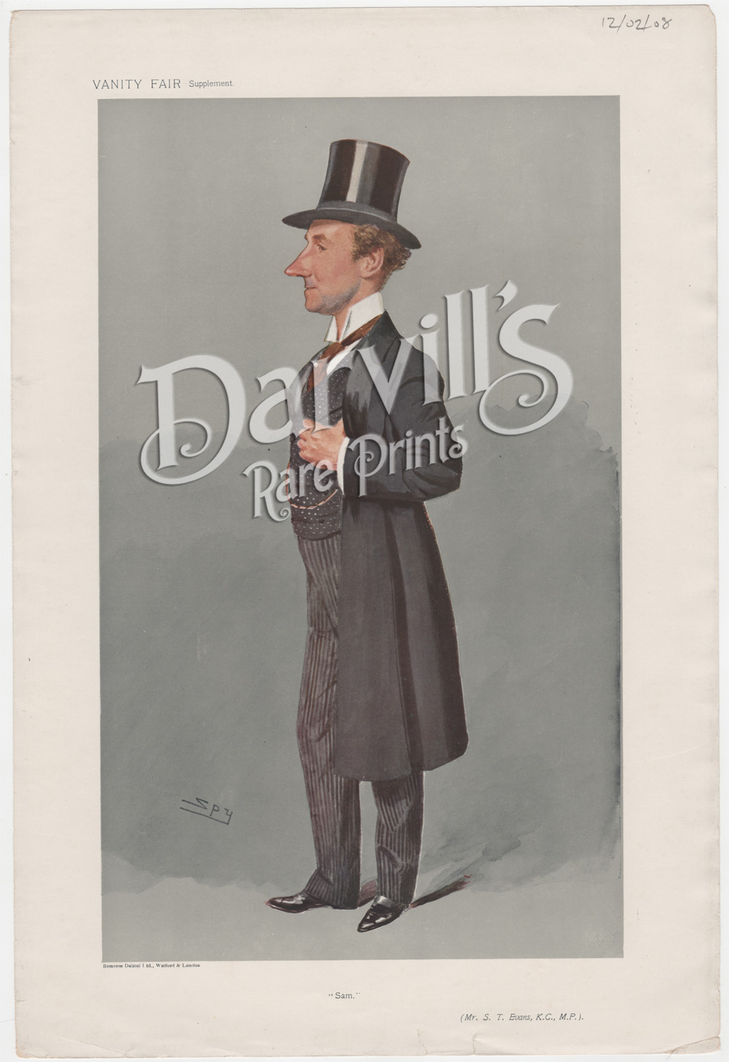 Original Vanity Fair print of Sir Samuel Thomas Evans KC JP Sam Feb 12 1908